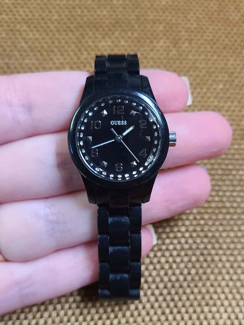 Guess Women Micro Mini Watch W65022L2 Black Ion Crystal Acc Plasti Bracelet Band
